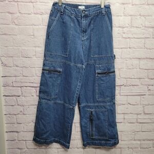 Forever 21 Wide Leg Cargo Jeans Size M Carpenter High Rise Waist Big Pockets‎